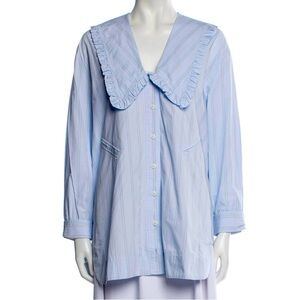 GANNI Striped V-Neck Top with Collar. Size S